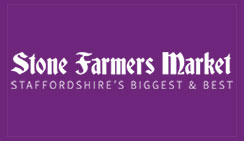 Stone Farmers Market logo. Purple with white text: Stone Farmers Market Staffordshires Biggest & Best.